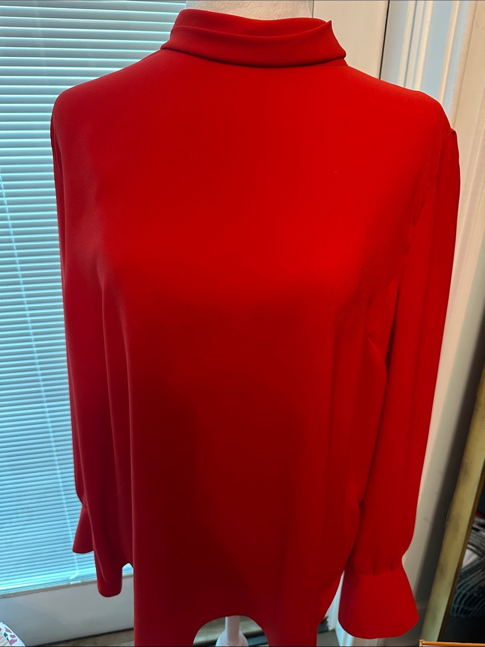Ann Taylor Red Long-Sleeve Mock Neck Blouse